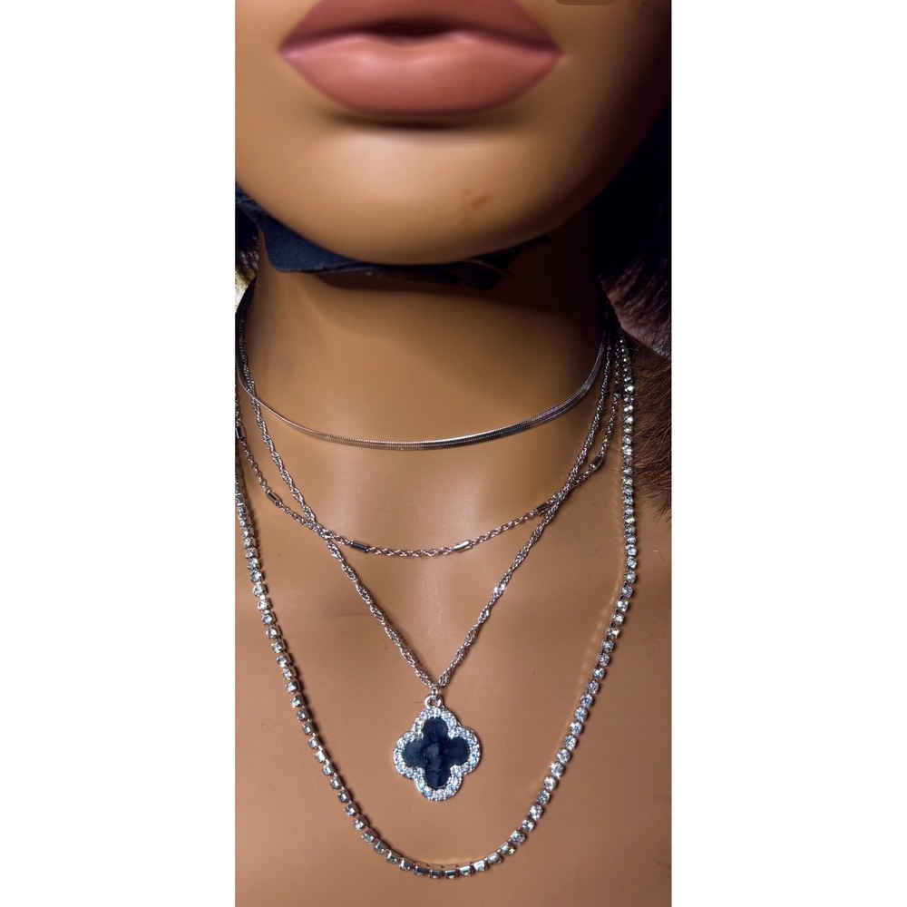 Silver Rhinestone Clover Necklace Tennis Chain Lucky Charm Mothers Day Gift